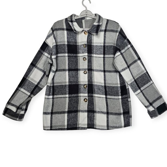 Flannel Shacket Size S Womens Black & Gray Oversized Jacket Button Closure - Picture 1 of 8